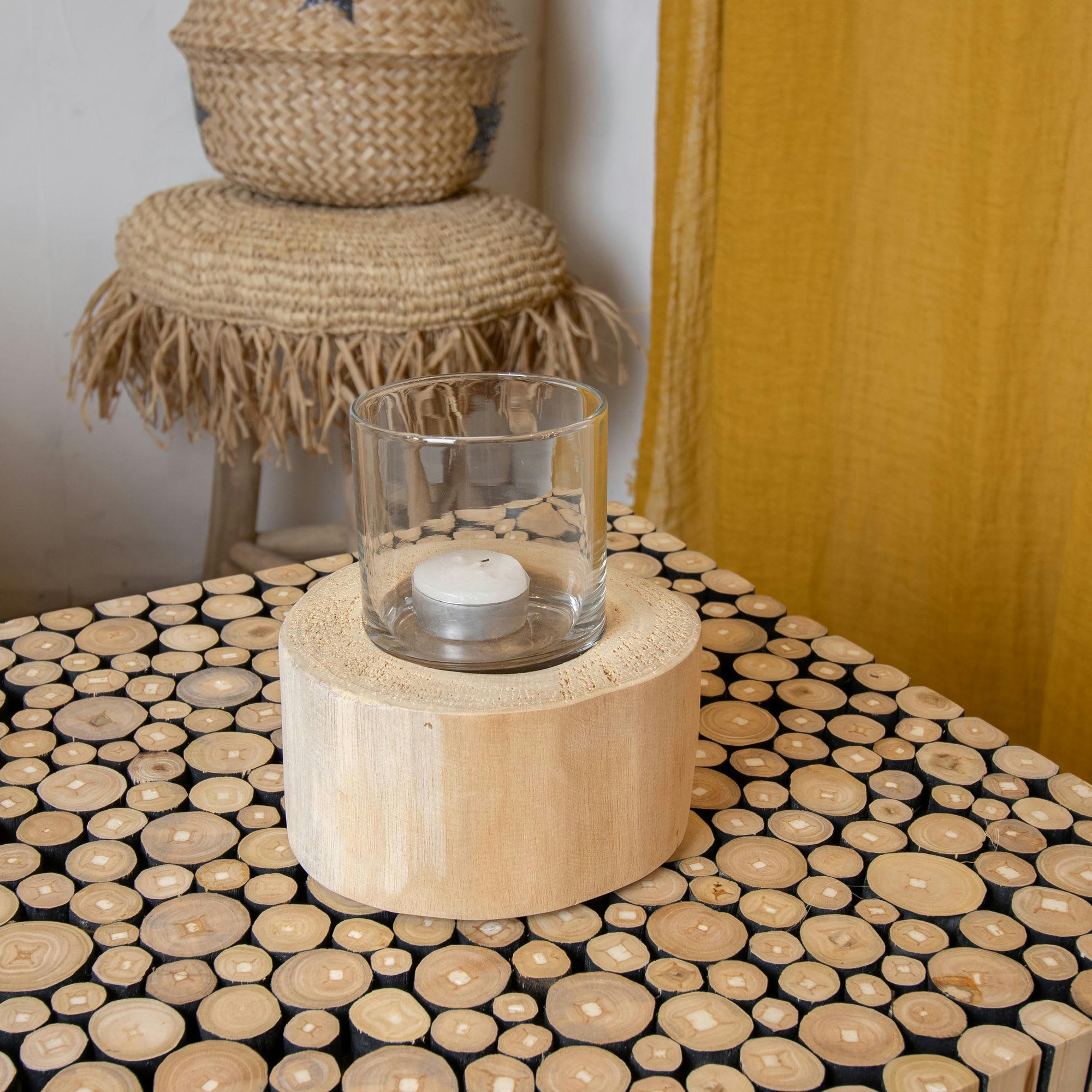 BIAK - Photophore en verre avec base en teck