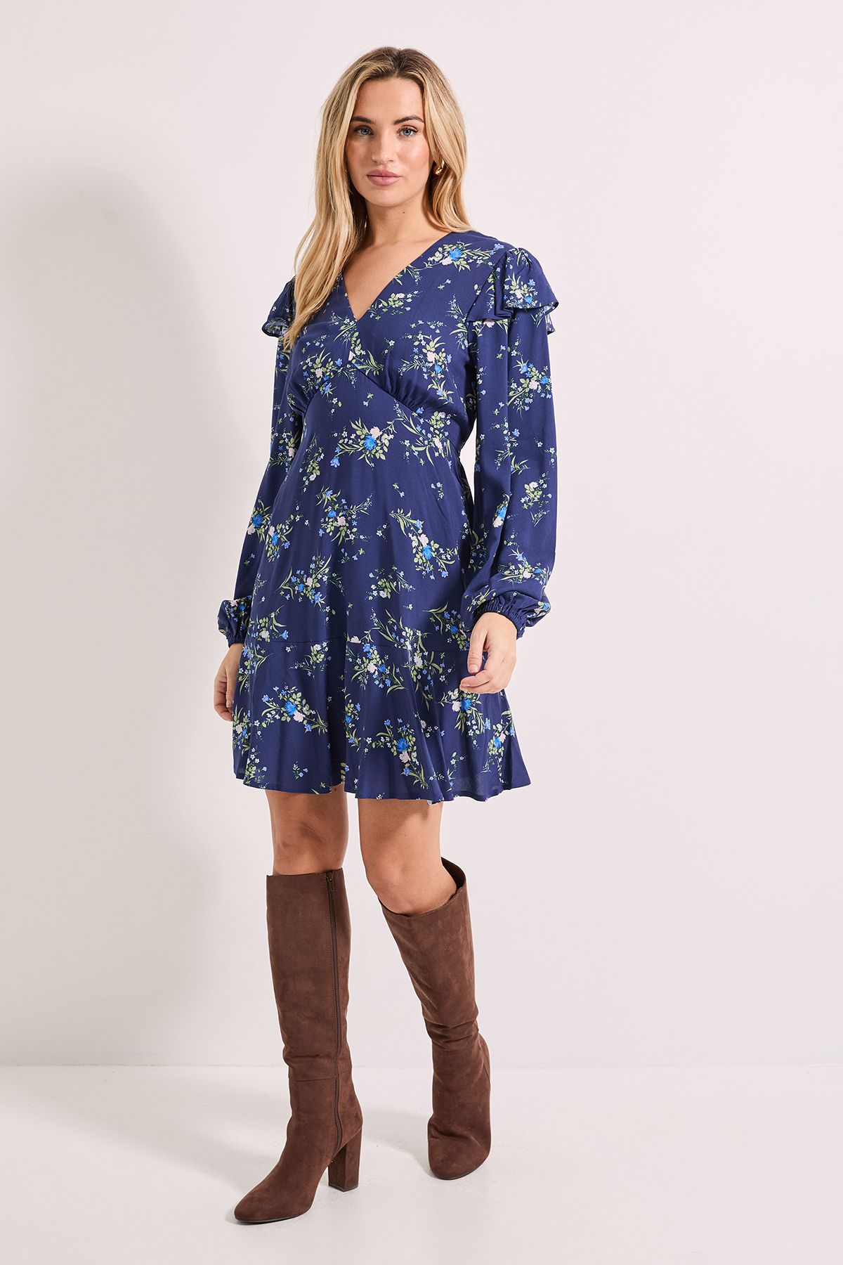 Dorothy Perkins Frill Detail Blouson Sleeve Tie Back Tiered Printed Mini Dress