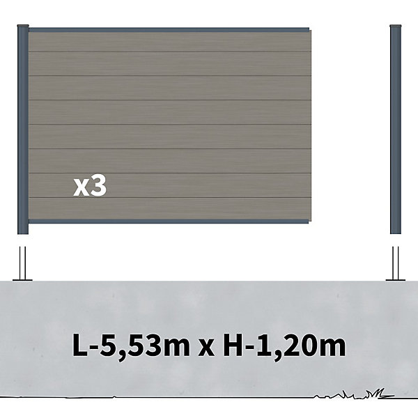 Kit Clôture Composite sur Muret RIO Platine 5,5x1,2m - Bois composite &Aluminium - Poteaux sur Platines Gris - Brise vue