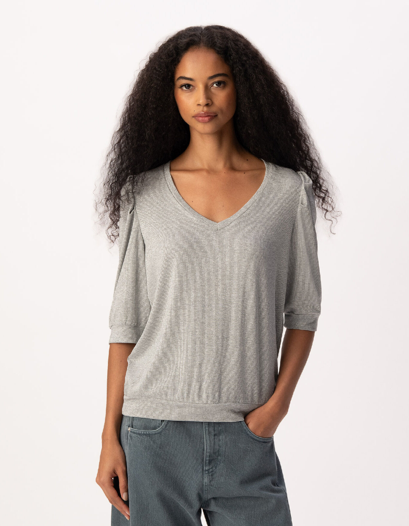 Tee-shirt col V argenté maille côtelée à épaulettes Femme