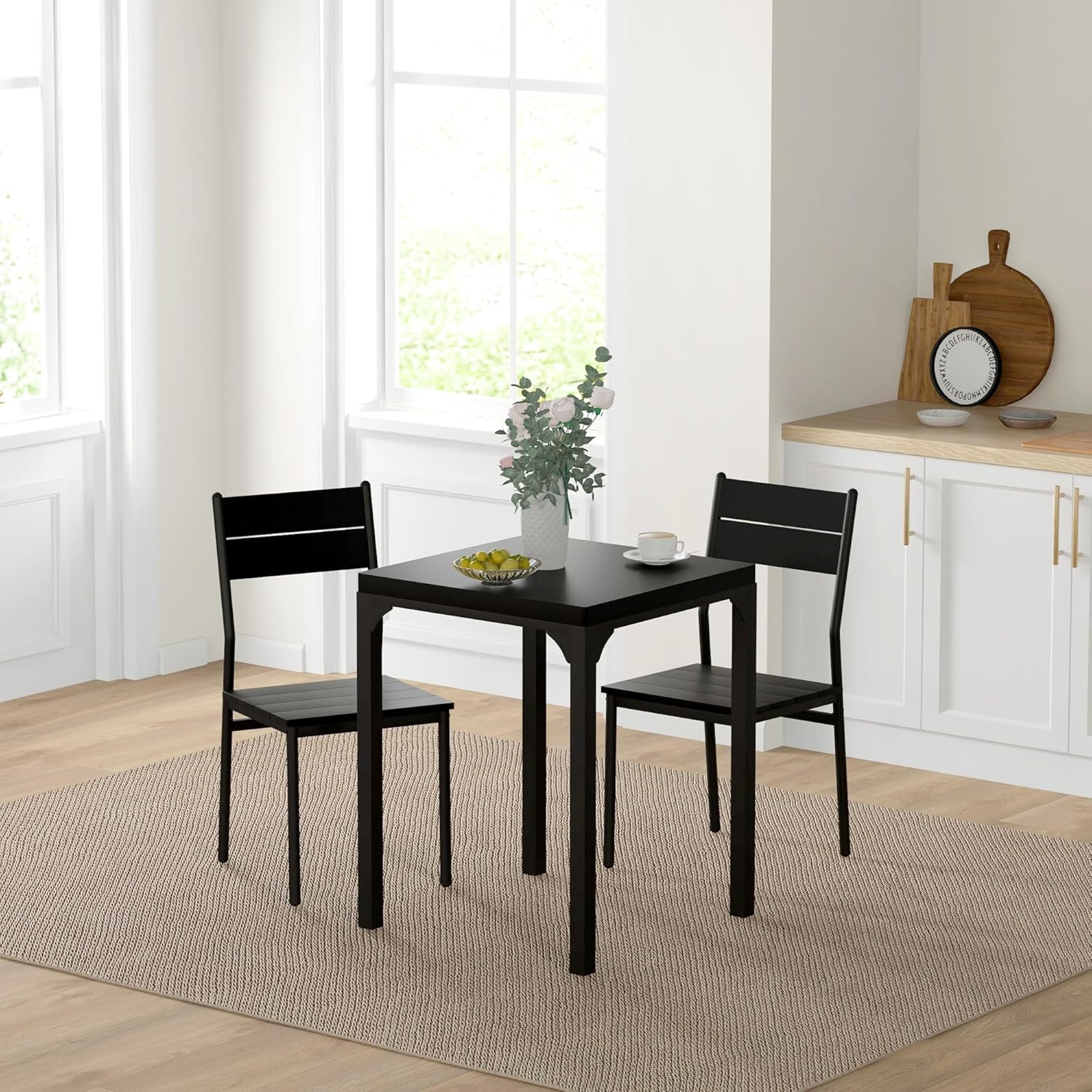 HOMCOM 3 Piece Dining Table Set for 2, Modern Kitchen Table and Chairs, Dining Room Set for Breakfast Nook, Small Space, Apartment, Space Saving, Black