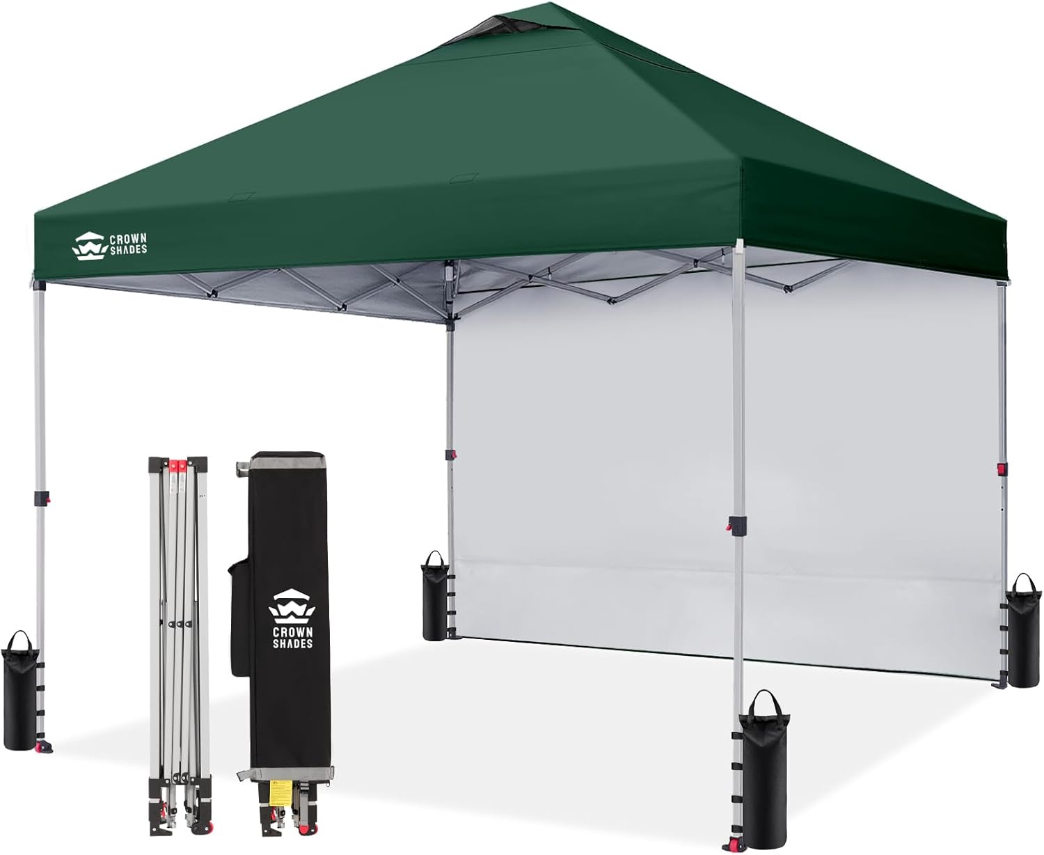 CROWN SHADES 10x10 Pop Up Canopy with 1 Side Wall - Beach Tent with One Push Setup - Outdoor Sun Shade for Events, Parties, Camping - Gazebo with STO-N-Go Cover Bag (Forest Green)