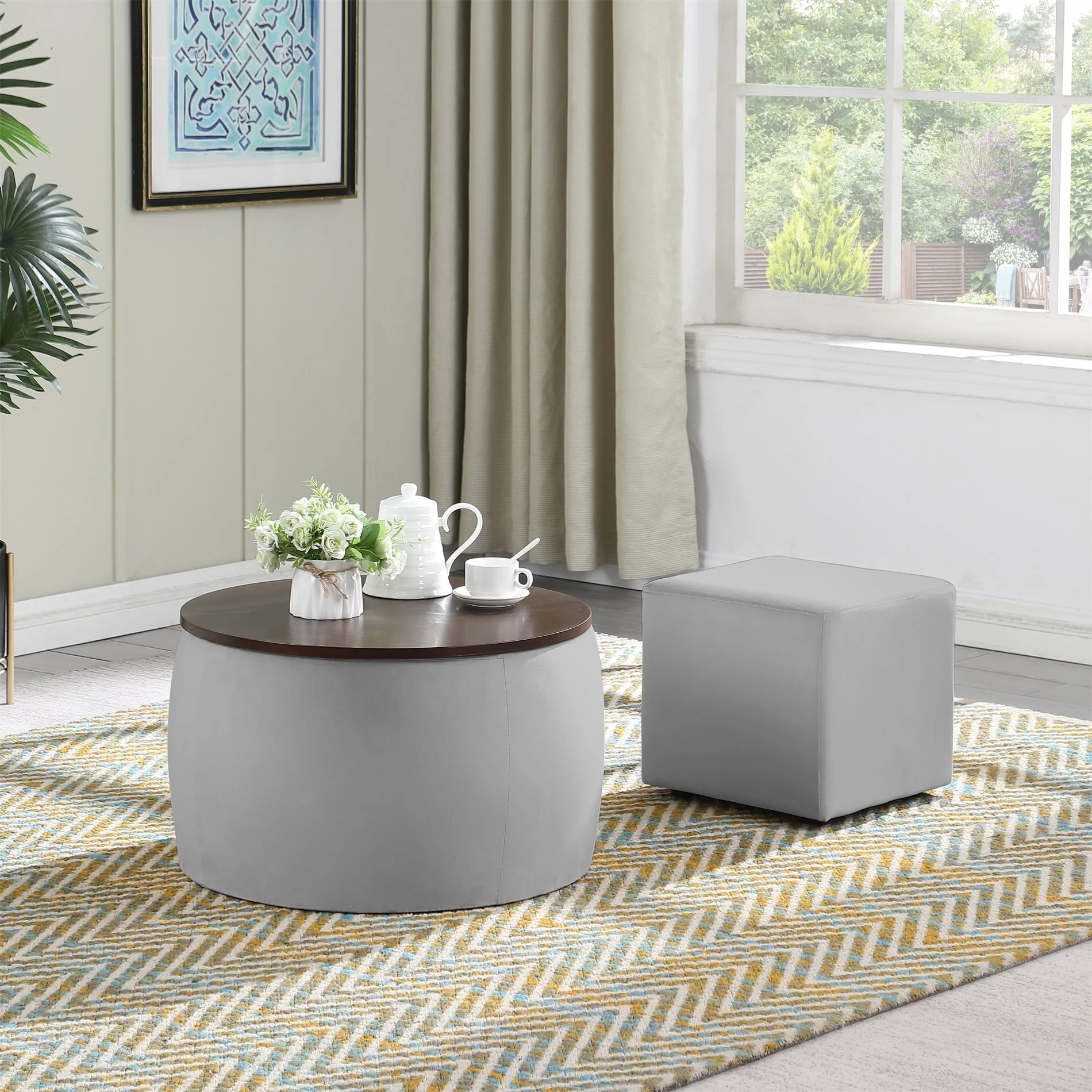 2 in 1 Combination Round Ottoman Set ,Coffee Table with Storage