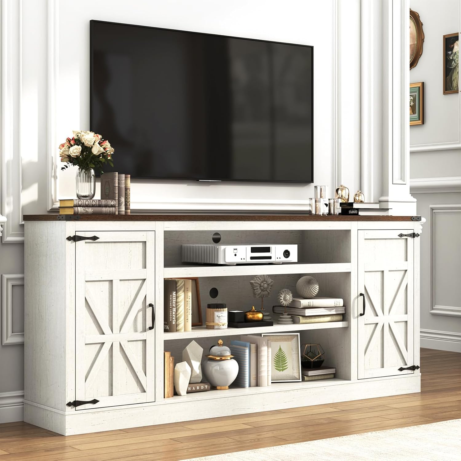 75 Farmhouse TV Stand with Power Outlets for 85 Inch TVs, 33 Tall Entertainment Center with Storage Cabinets w/Adjustable Shelves, Rustic Large TV Media Console, Rustic White
