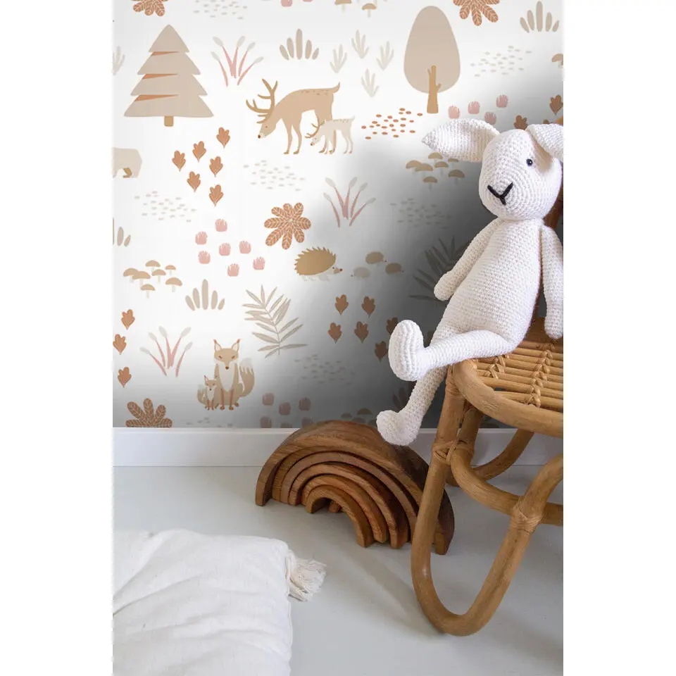ESTAhome behang bos met bosdieren wit en beige - 53 cm x 10.05 m