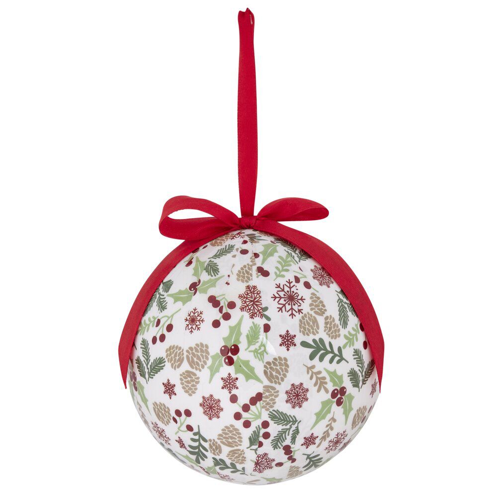 Boule de No&euml;l motif traditionnel houx flocon de neige rouge et blanc Ø12cm