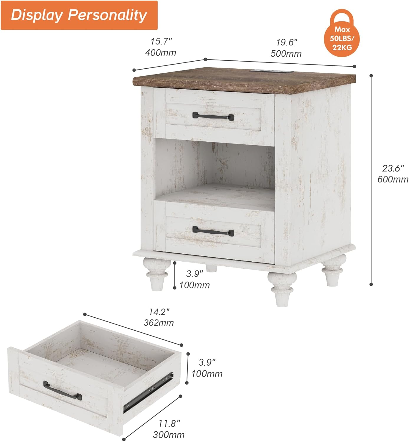 WAMPAT Farmhouse End Table Nightstand with Charging Station, Small Side Table with 2 Drawers & Shelf for Living Room, Light Wood Night Stand Bedside Table for Bedroom, Antique White