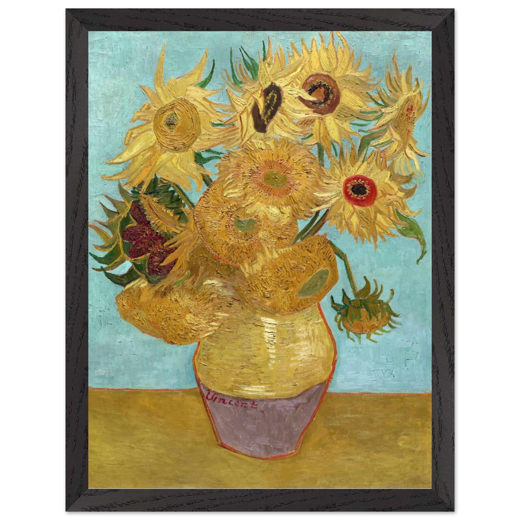 Poster met Lijst Vincent van Gogh - Vaas met twaalf zonnebloemen  - 30x40 cm - Blauw