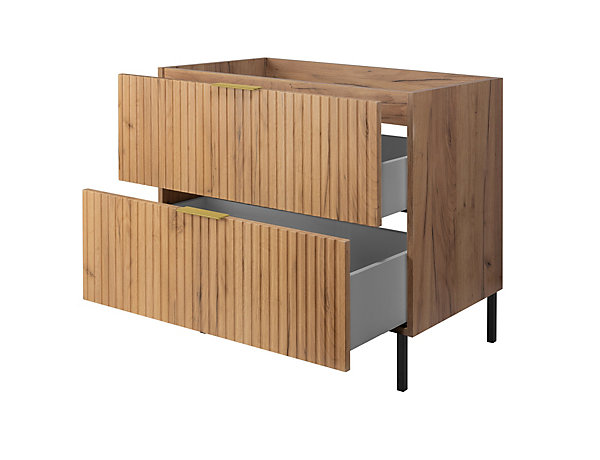 Meuble vasque, Chêne Craft, 80 x 77 x 46 cm, poignée dorée, pieds noirs, sans plateau