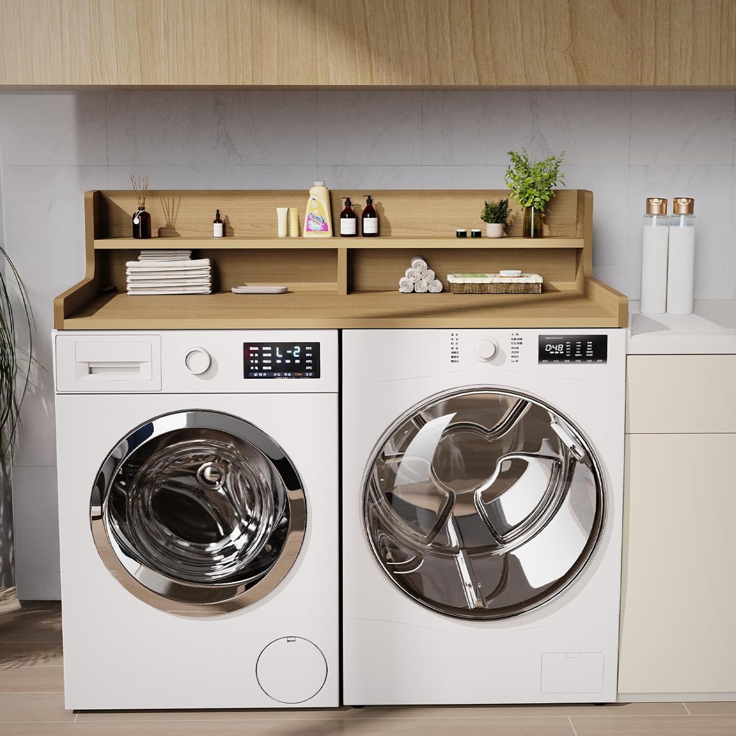 Washer Dryer Countertop, 54 x 27.55 2-Tier Washer Dryer Topper with Edge, for Laundry Room Organization Oak