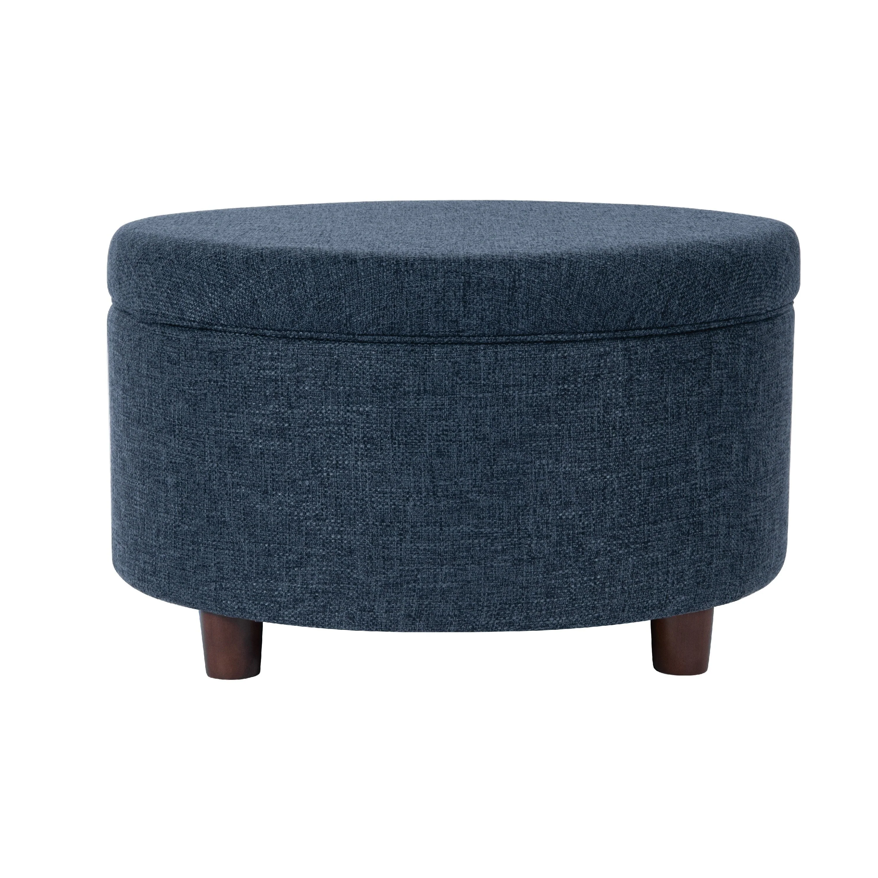 Modern Storage Ottoman, 28 Inch Round Lift Top, Navy Blue Woven Fabric