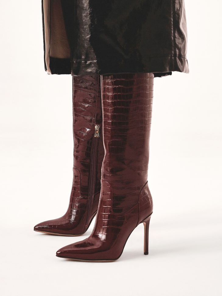 Maroon embossed leather boots