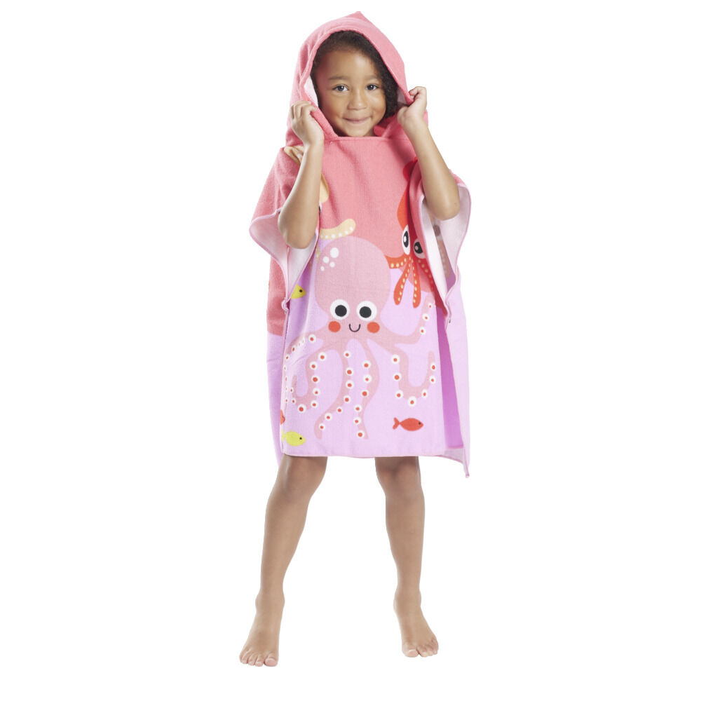Poncho capuche sortie de plage enfant motif poulpe rose 60x60xH120cm