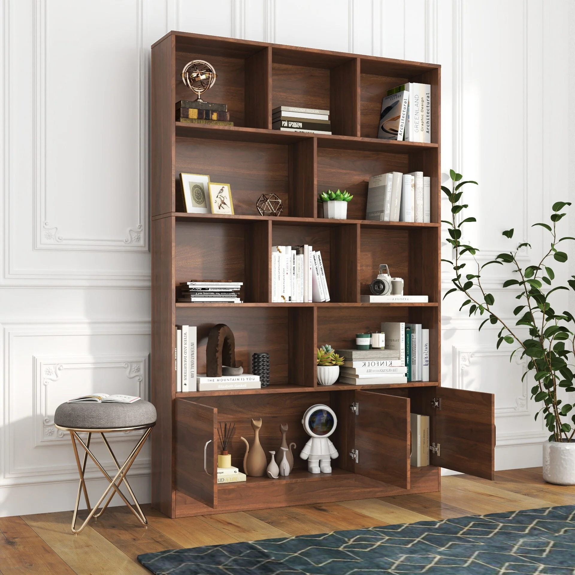 70.87 Tall Wood Bookshelf with 10 Cubes, Mid Century Modern Display Cabinet Open Bookcase with Storage Cabinet for Living Room