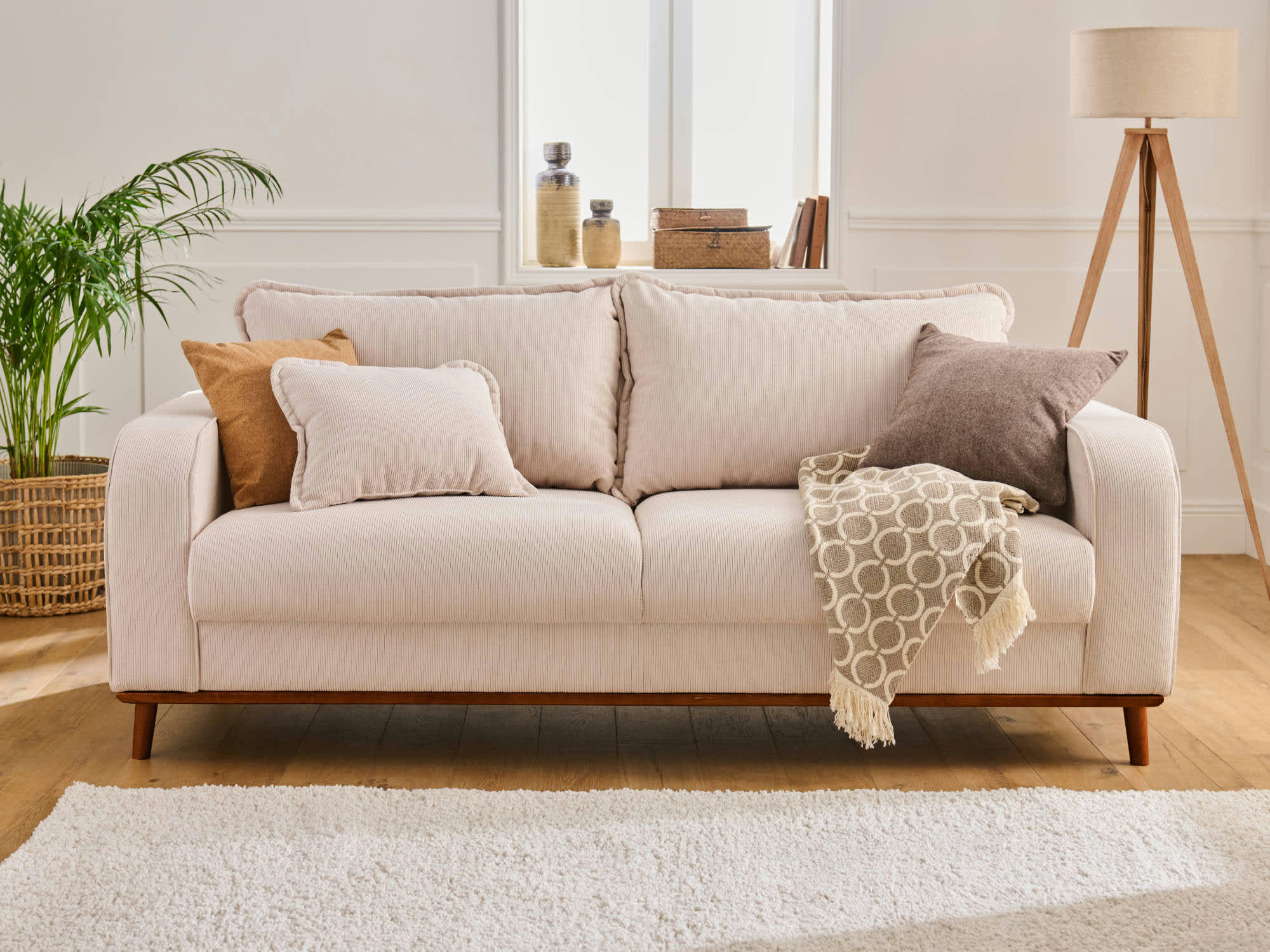 BILLIE - Canapé droit 3 places en velours côtelé beige