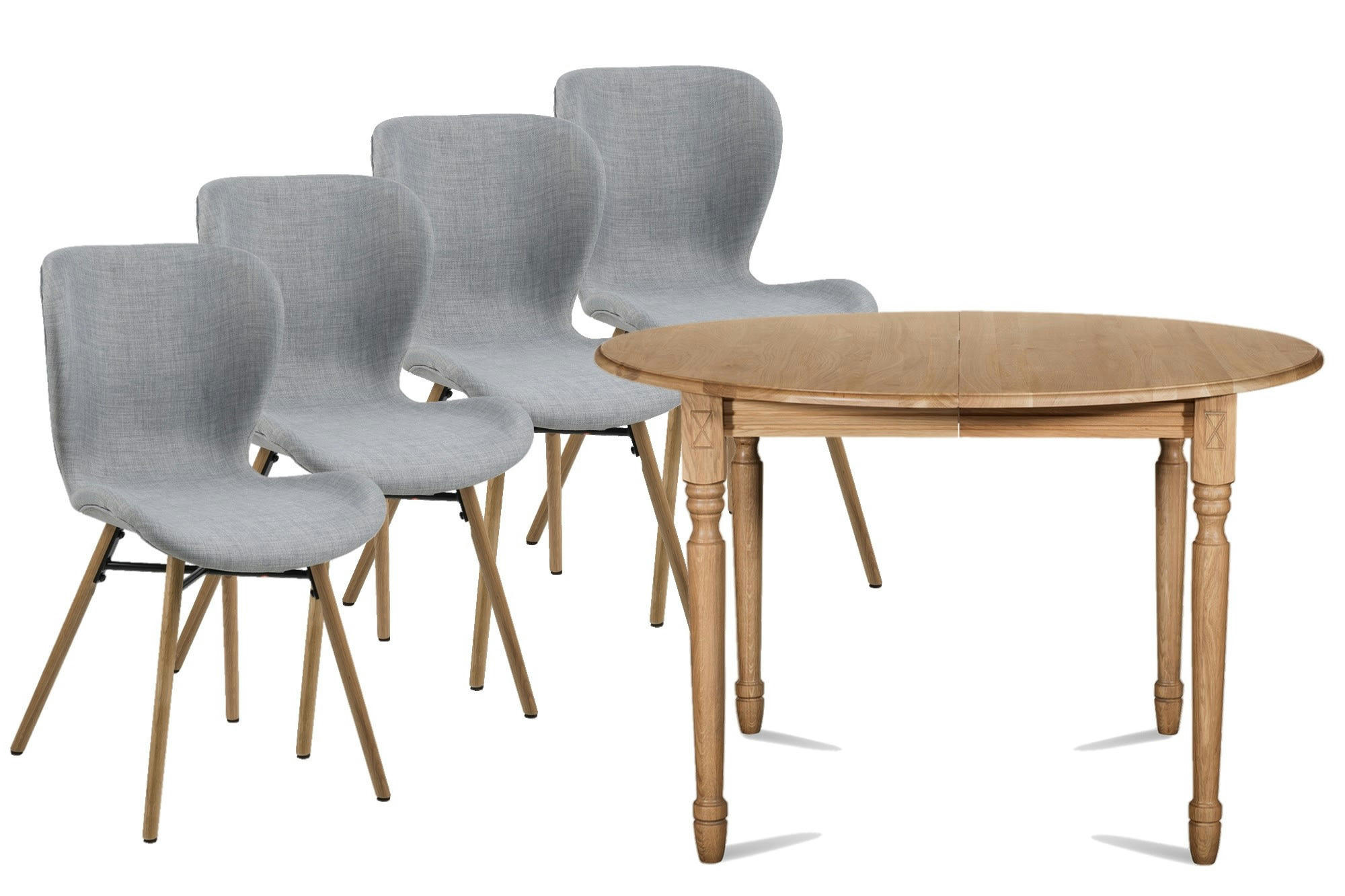 - Table ronde extensible pieds tournés D115 + 4 chaises tissu