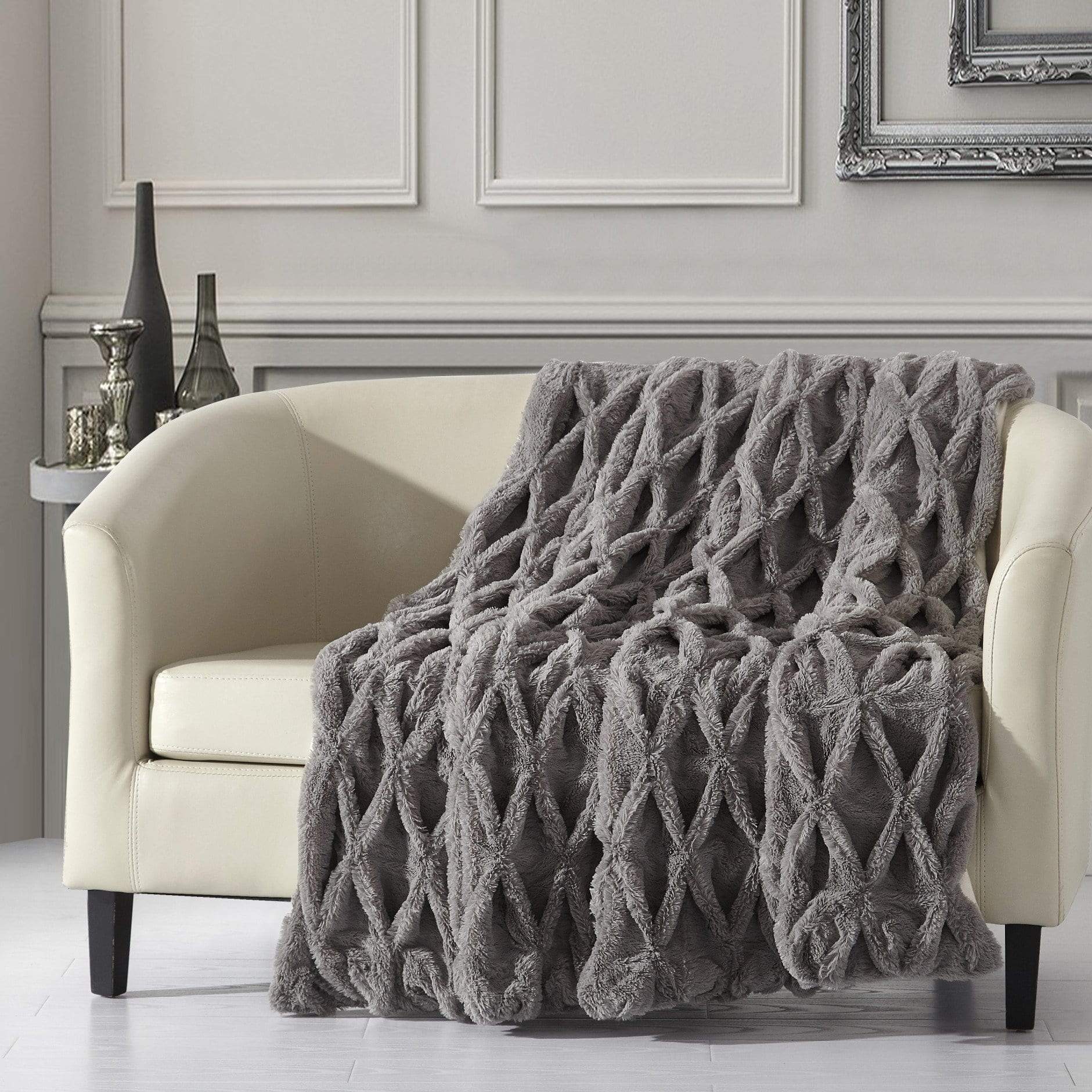 Chic Home Shifra Ultra Plush Pinch Pleat Shaggy Faux Fur Micromink Throw Blanket Grey