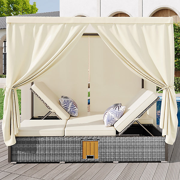 Chaise longue de jardin lit double avec rideau d'ombrage, chaise longue en rotin, pliable, avec coussin et table pliante, gris
