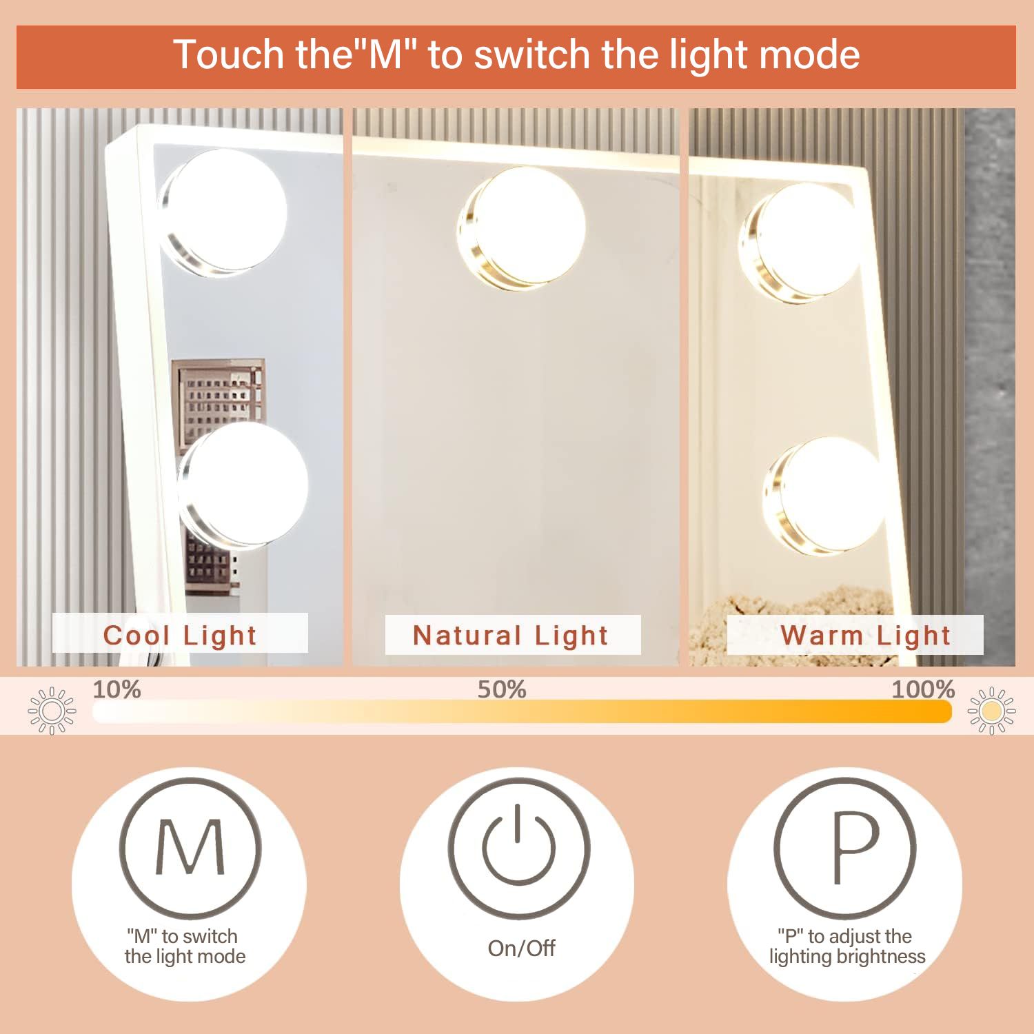 INMTFEI Hollywood LED Vanity Mirror with 9 Bulbs 3-Colour Dimmable Light Smart Touch