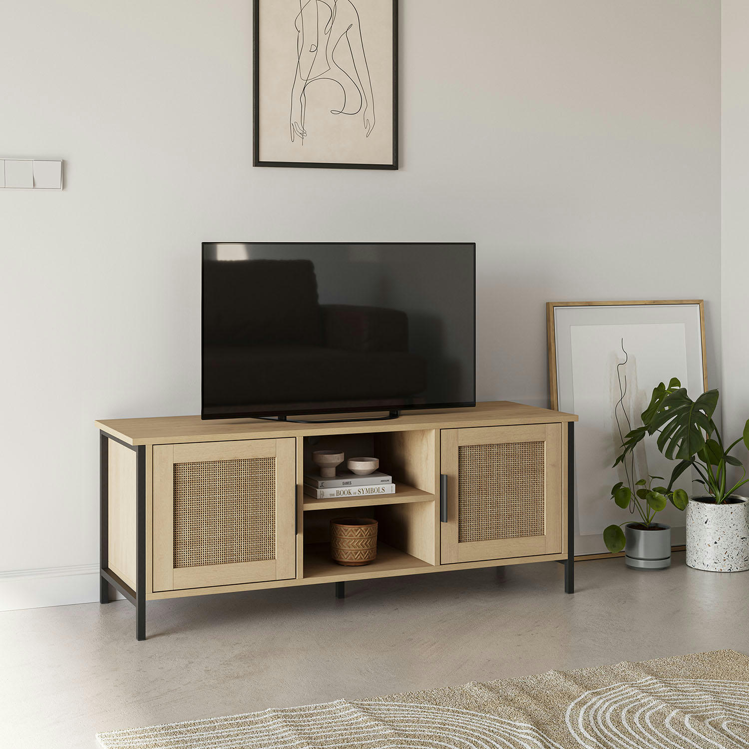 ISIS - Meuble tv 2 portes couleur chêne avec rotin naturel, 120 cm