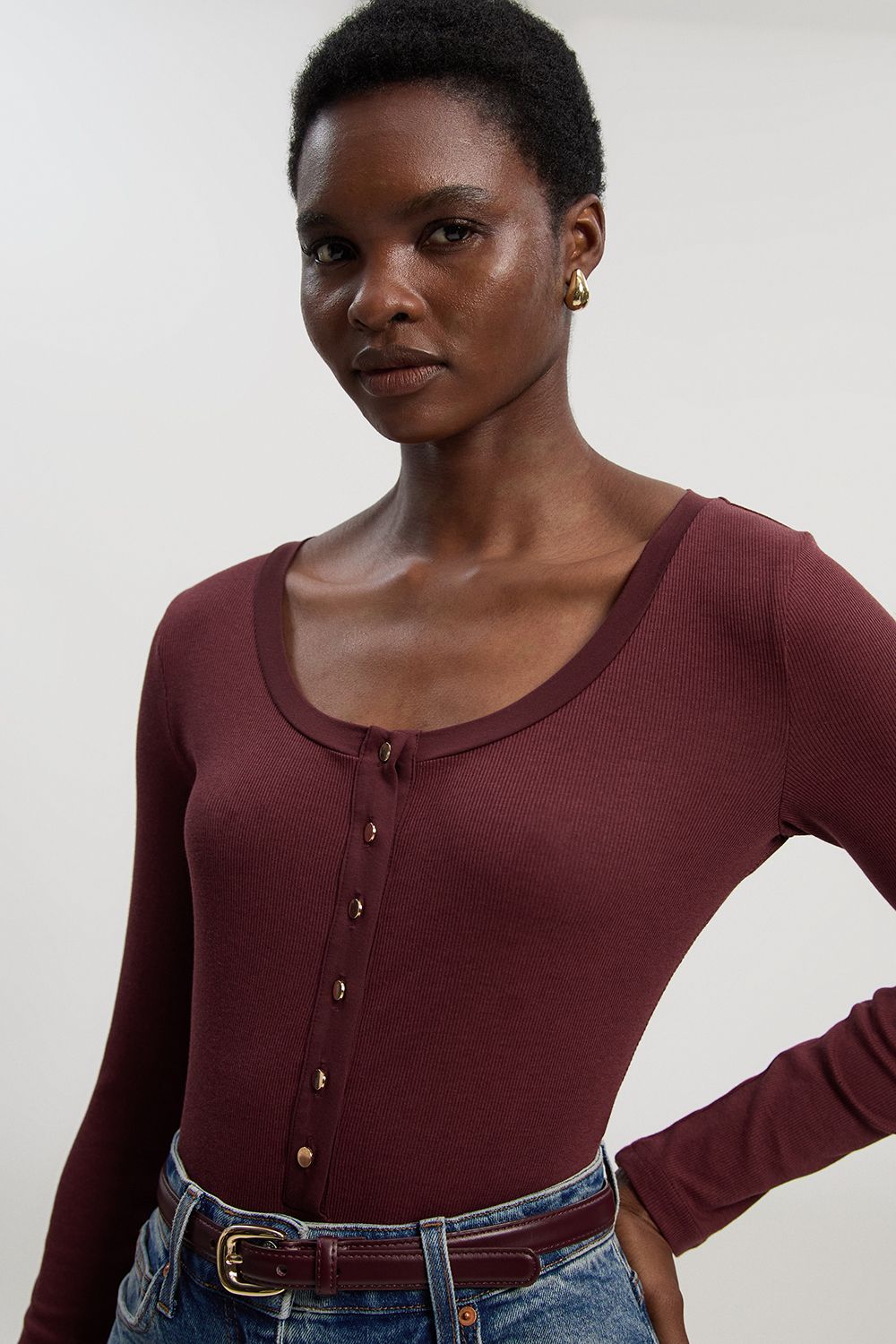 KarenMillen Viscose Rib Button Up Scoop Neck Long Sleeve Bodysuit