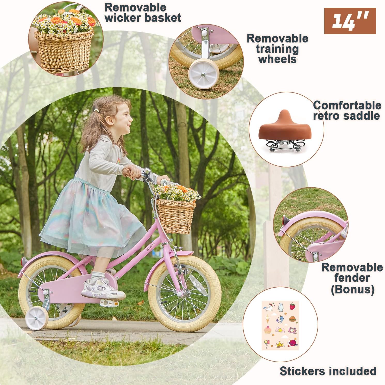 Glerc Little Molly 12-20 Inch Kids Retro Cruiser Bike for 2-13 Year Old with Wicker Basket & Training Wheels/Kickstand, Multiple Colors