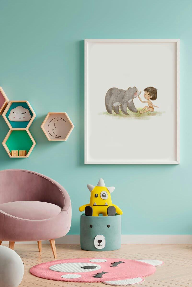 DECOWALL - Impression jungle book encadrée en bois blanc 43X33 cm