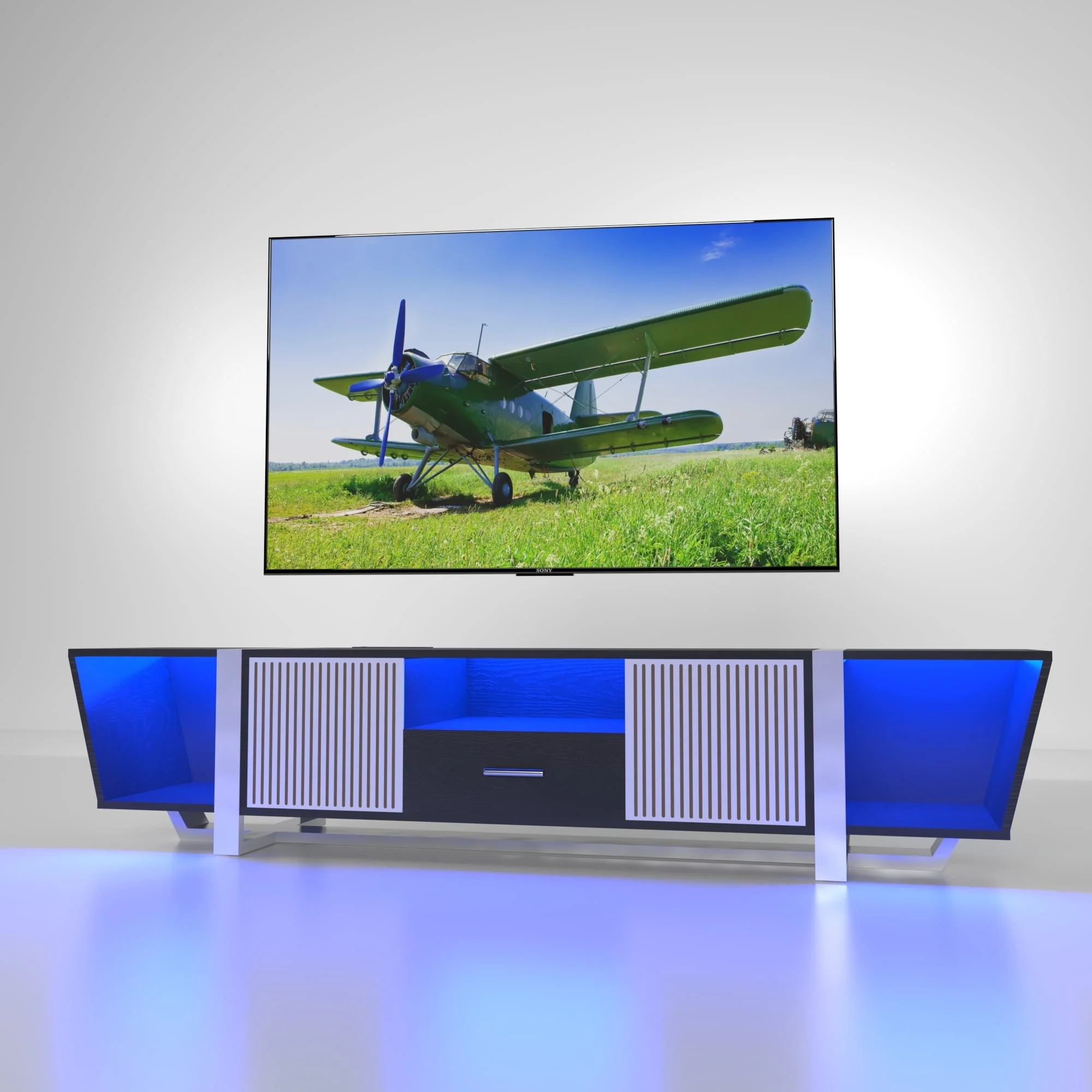 Retro Biplane Inspired TV Console with Remote Control LED Lighting and Ample Storage