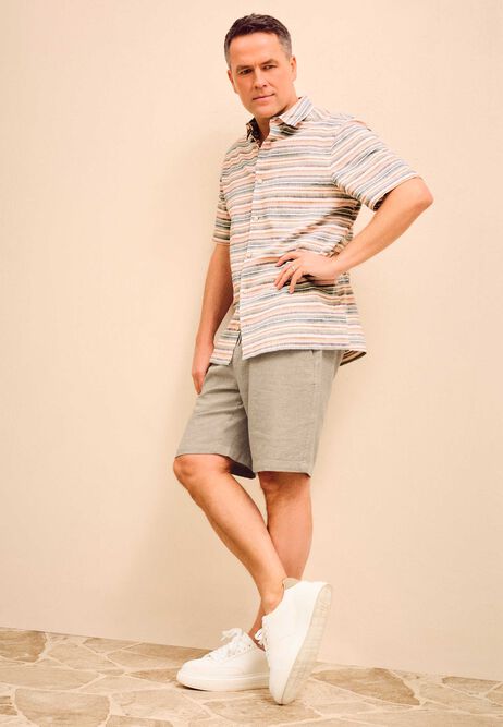 Mens Rust Stripe Linen Blend Cotton Shirt
