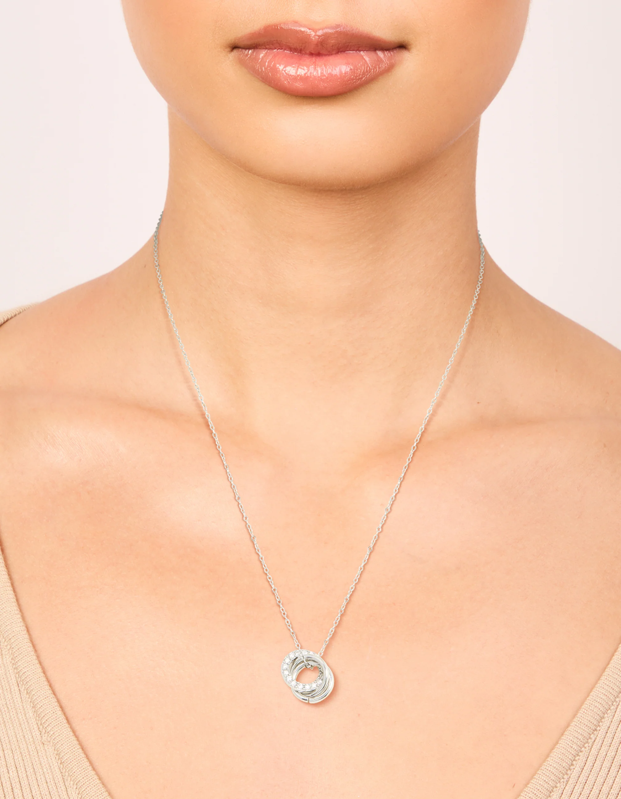Waterproof Stainless Steel Cubic Zirconia Triple Circle Link Necklace
