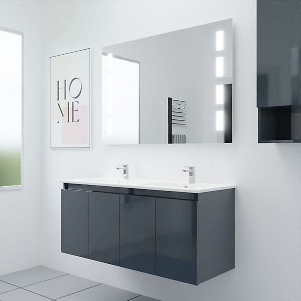 Meuble PROLINE 120 cm avec plan double vasque et miroir Prestige Plus- Gris- Plan vasque en Céramique