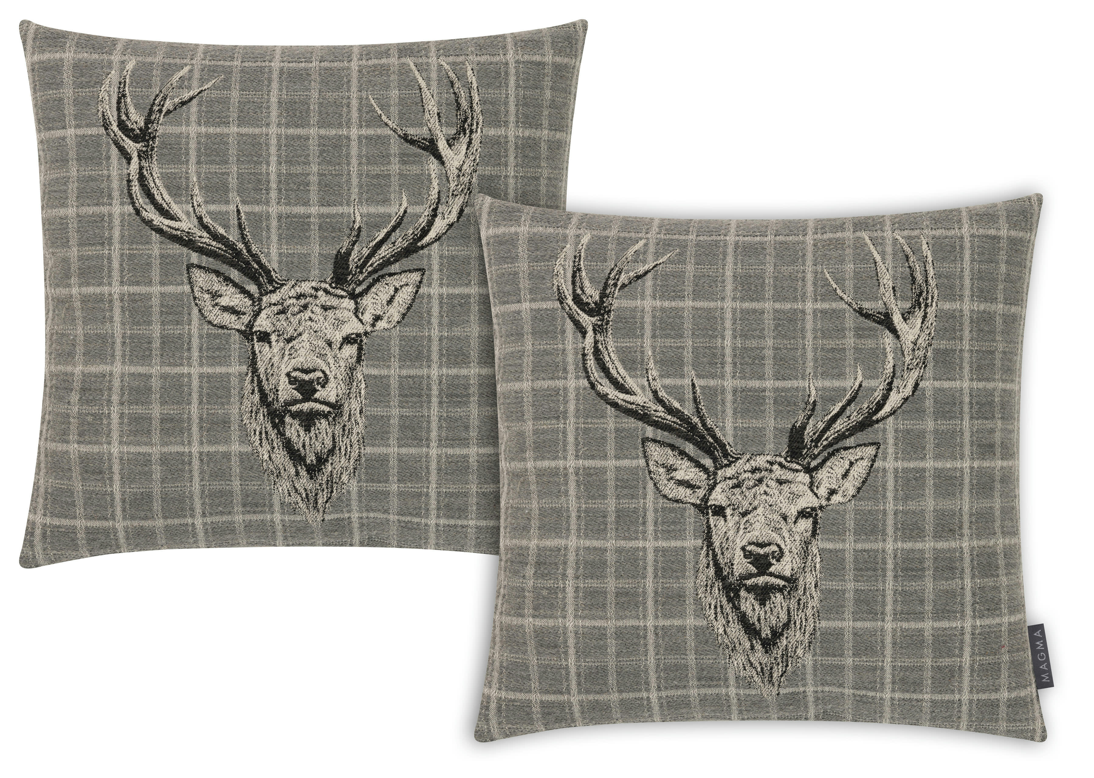 BURTON - Housse de coussin tête de cerf tartan gris coton-Lot de 2-45x45