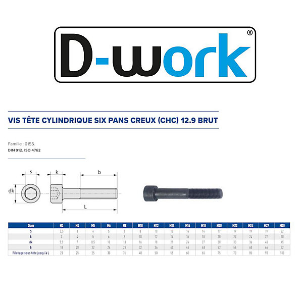 50 Vis Métaux Tête Cylindrique 6 Pans Creux CHC F/Partiel 6 x 120 mm - DIN 912 - 12.9 - Brut - D-Work
