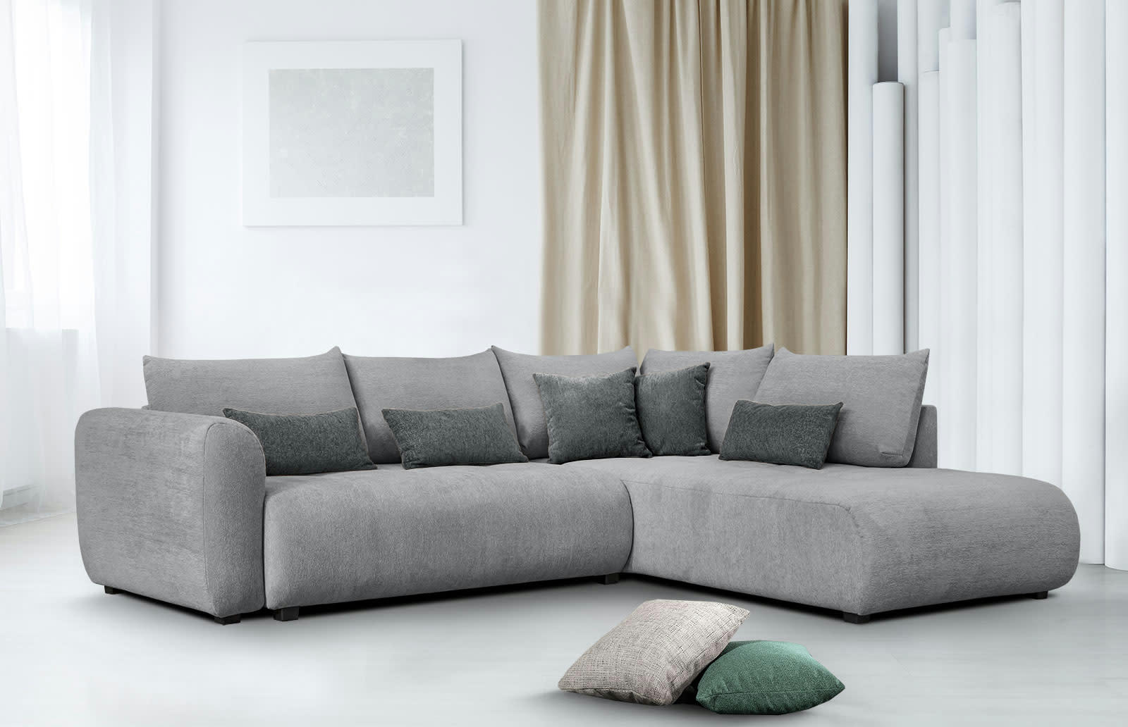 SORENO - Canapé d'angle droit 5 places gris avec le couchage