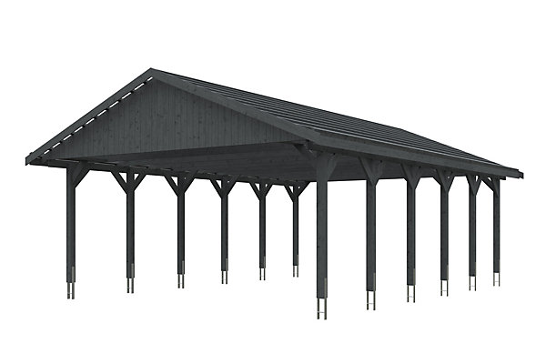 Carport SKAN HOLZ Wallgau 620 x 900 cm, traitement coloré gris ardoise, avec lattis