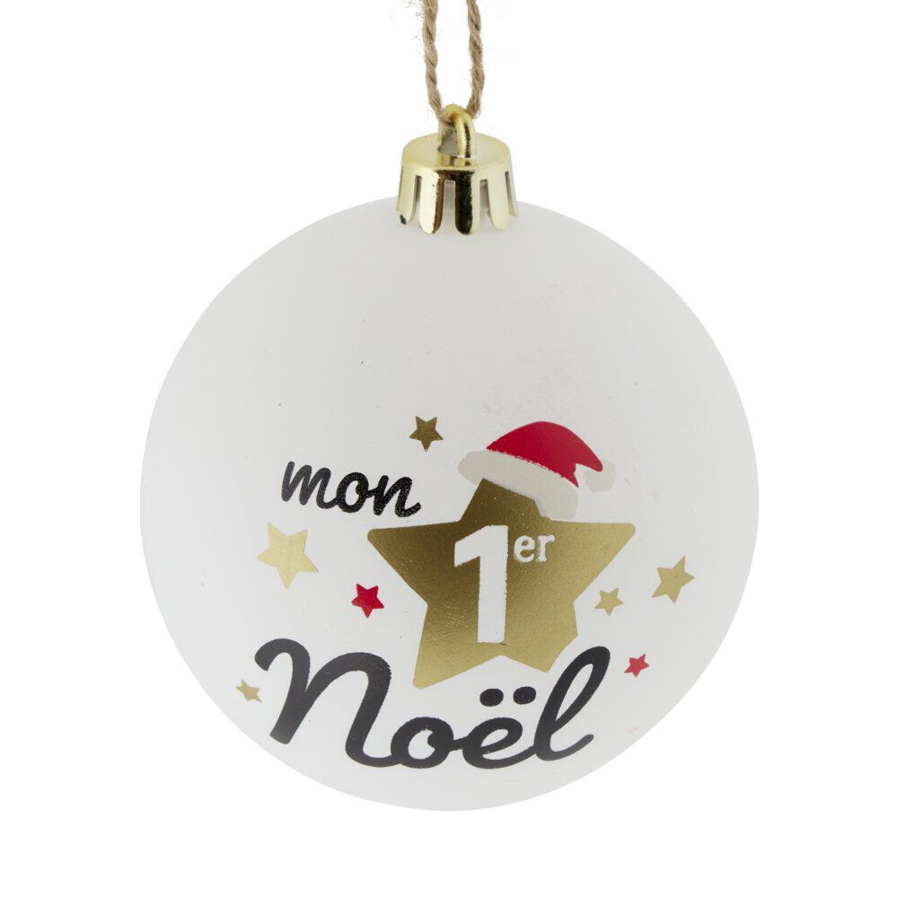 Boule de No&euml;l "Mon 1er No&euml;l" rouge ou blanche Ø8cm - 2 coloris