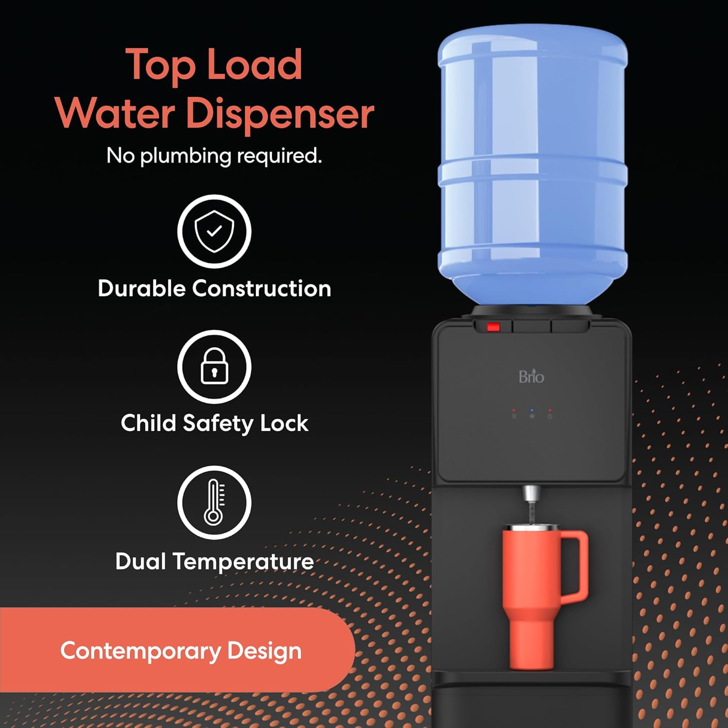 Brio 130 Series Top-Load Water Cooler Dispenser for 3- and 5-Gallon Bottles, Hot & Cold, Spill-Free Loading, Child Safety Lock, Energy Star 3.0, Black