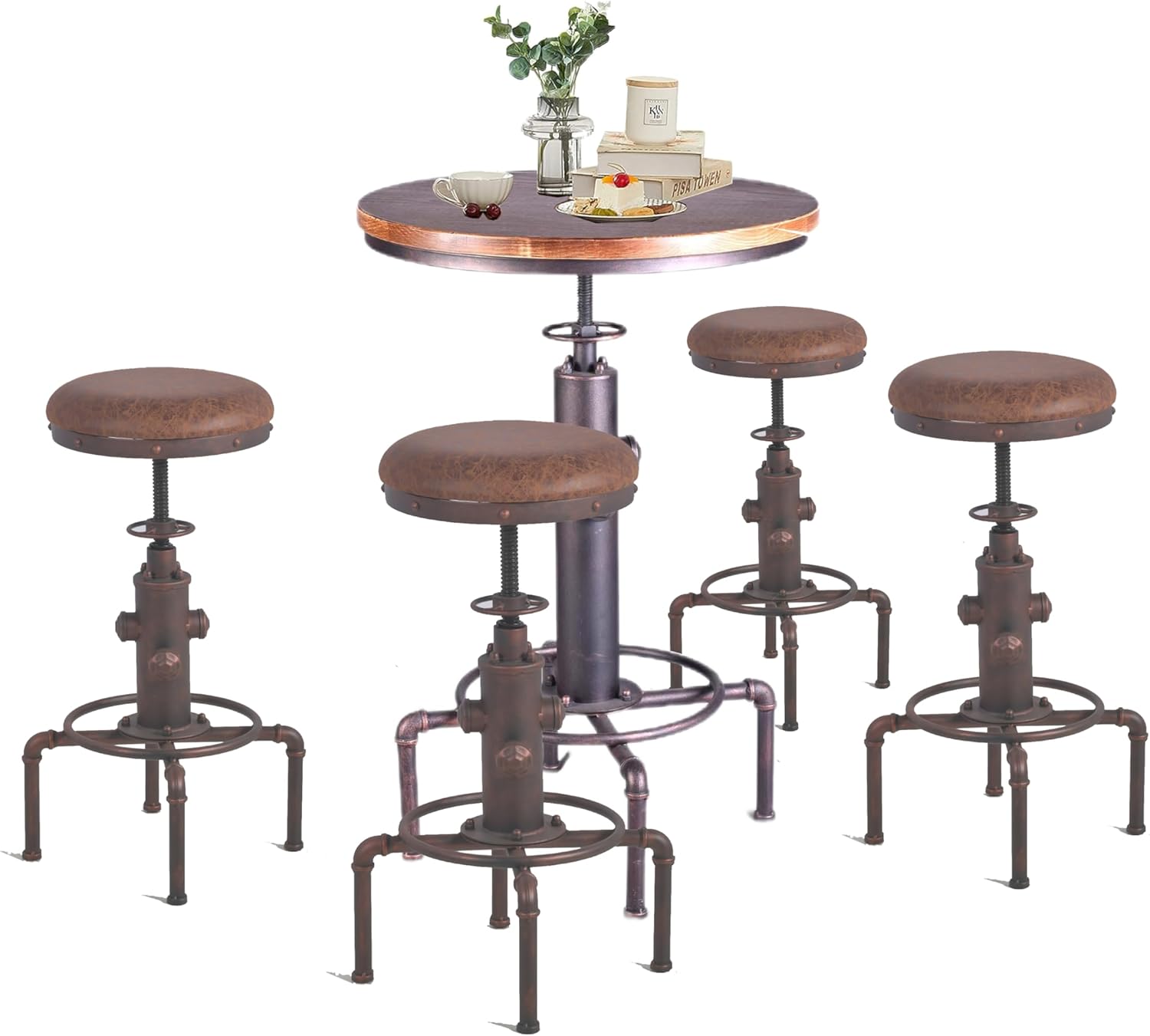 Topower 5 Piece Pub bar Set Industrial bar Table and PU Leather Seat Stools for 4, Height Adjustable Pub Table and stools Match bar Height and Counter Stool Red Bronze(1 Table + 4 Chairs)