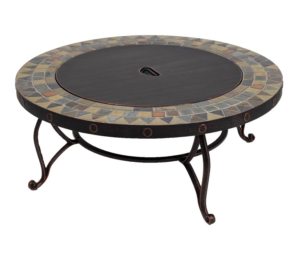 Pleasant Hearth Juniper Round Wood Burning Steel Fire Pit Table w/Grill, 34 x 19.7-in