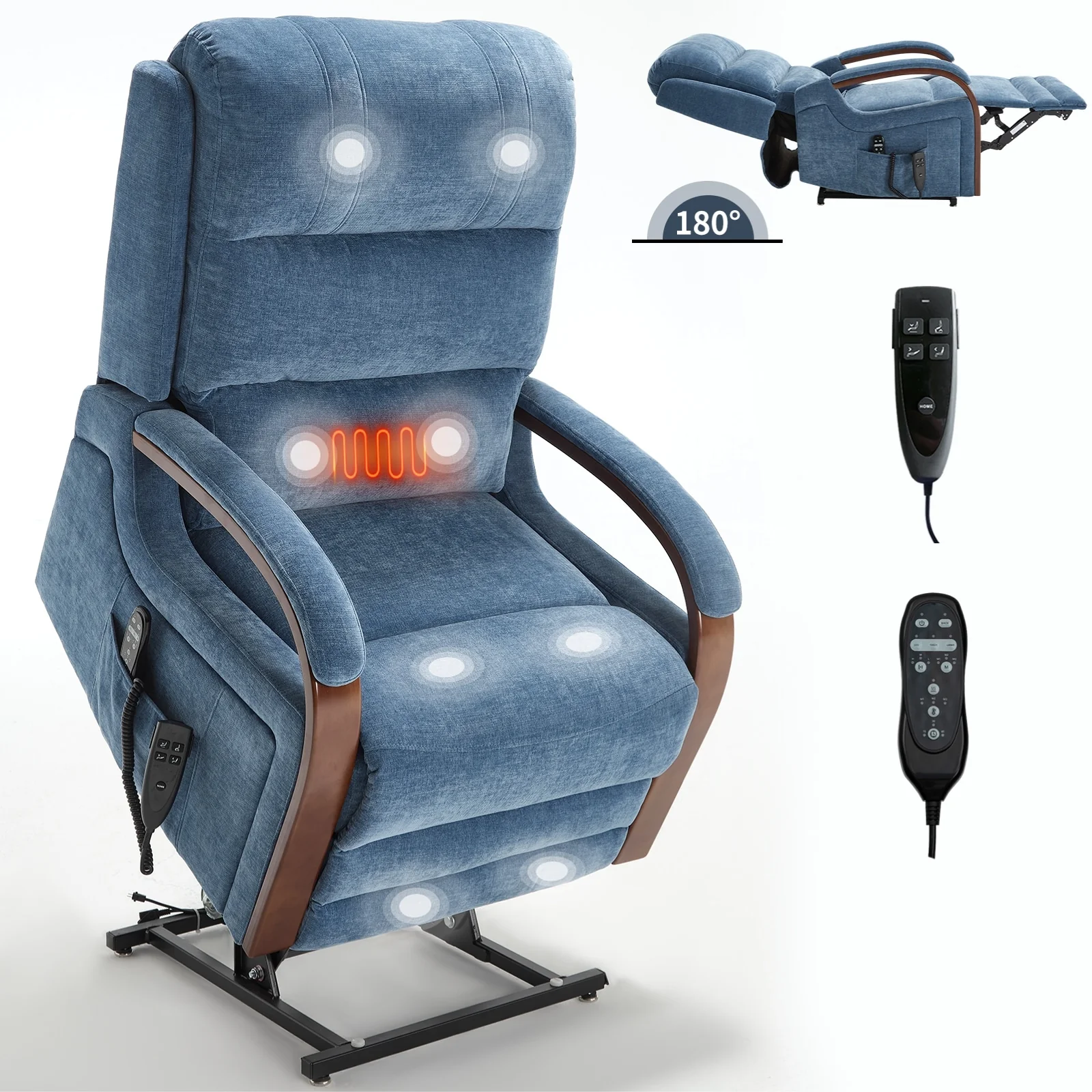 Chenille Power Lift Recliner with Massage & Wood Armrests