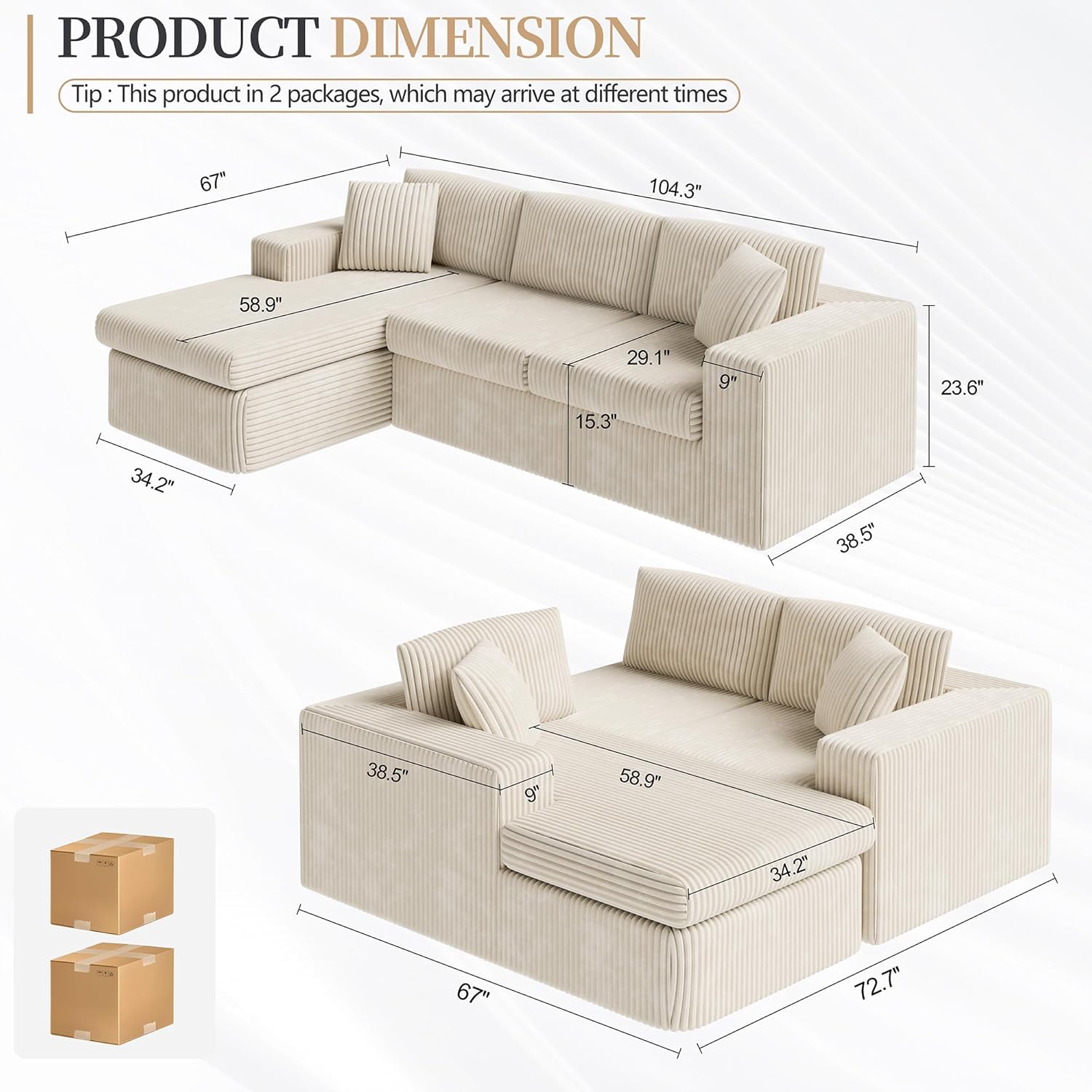 Vongrasig 105 Boneless Couches for Living Room, Sectional Couches Modular Sofa with L-Shaped Chaise, Memory Foam Comfy Cloud Couch with Plush Corduroy Fabric, No Assembly Required, Beige