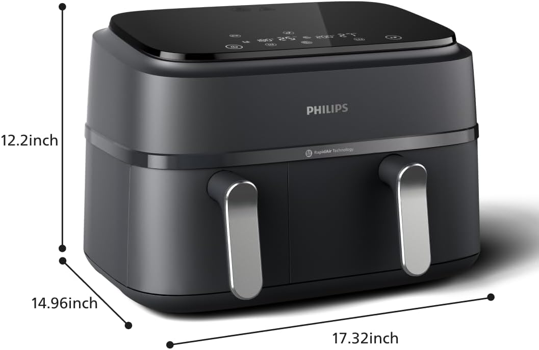 Philips Dual Basket Air Fryer 3000 Series — 8-in-1 functions, 9.5 Quarts, 2 Drawers, Auto-sync Cooking Time, 90% Less Fat, Rapid Air Technology, HomeID Recipe App, Dishwasher Safe, Black (NA351/00)