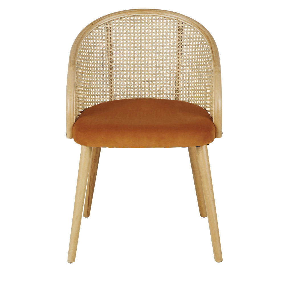 Sockette - Fauteuil de table en velours marron écureuil cannage en rotin coloris naturel