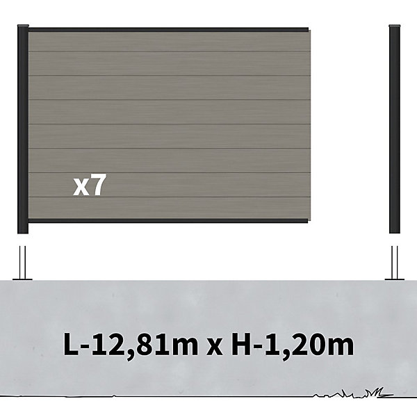 Kit Clôture Composite sur Muret RIO Platine 13x1,2m - Bois composite &Aluminium - Poteaux sur Platines Noir - Brise vue