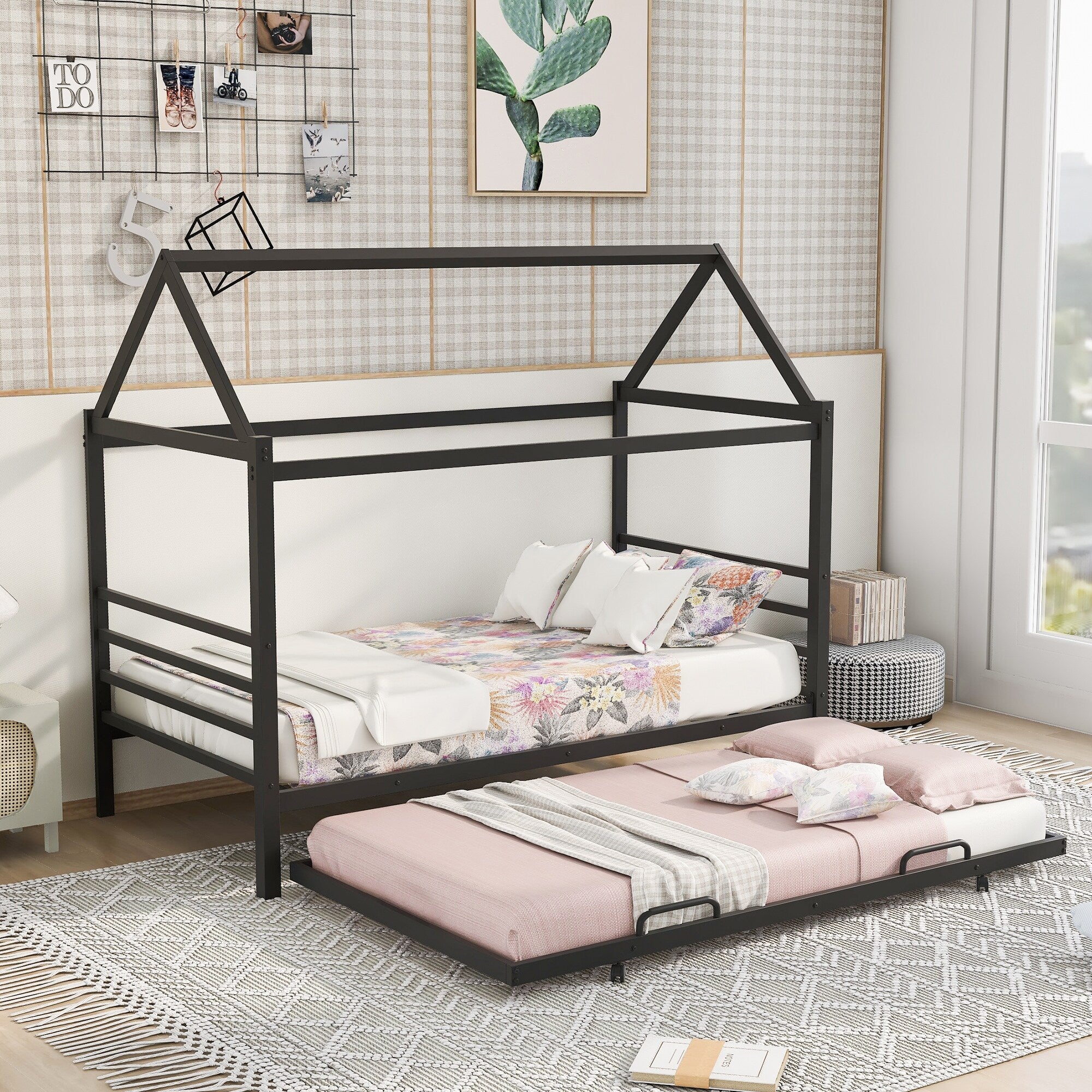 Twin Size Metal House Platform Bed with Trundle, Sleek Modern Design