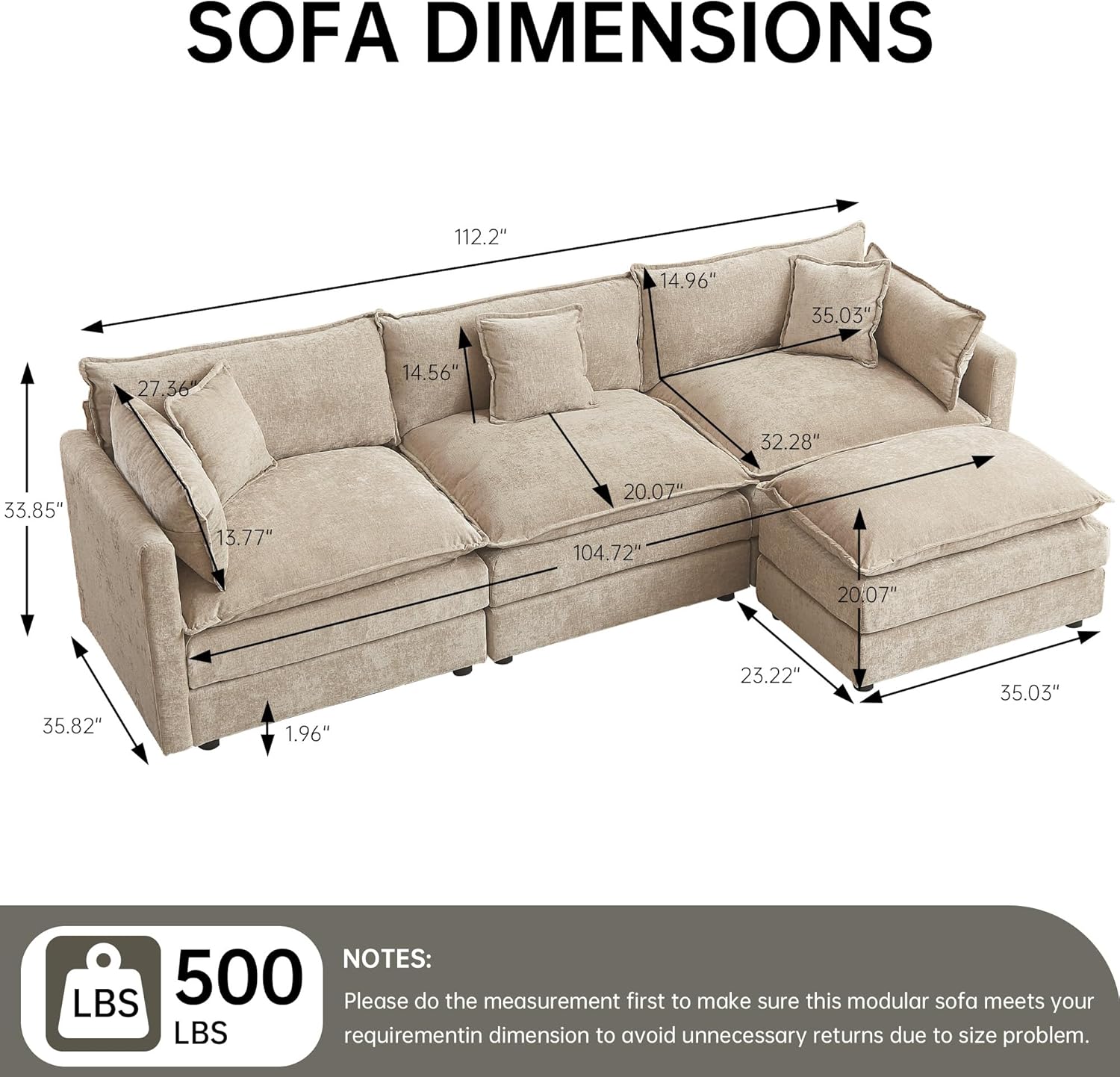 Modular Sectional Sofa, 112.2 Inch L Shaped Couch Set with Armrests, 3-Seater Comfy Cloud Couches for Living Room Apartment, Coffee