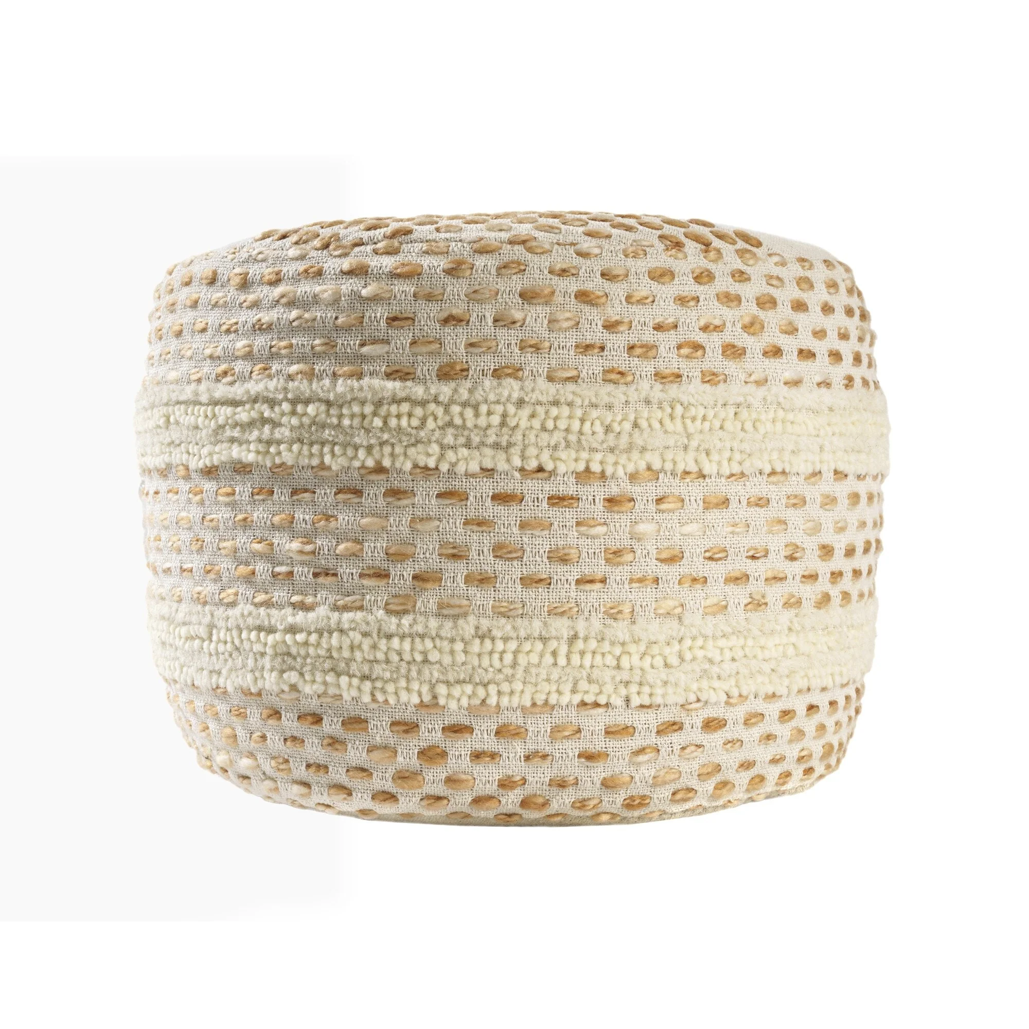18 Ivory and Brown Cotton Blend Round Striped Pouf Ottoman