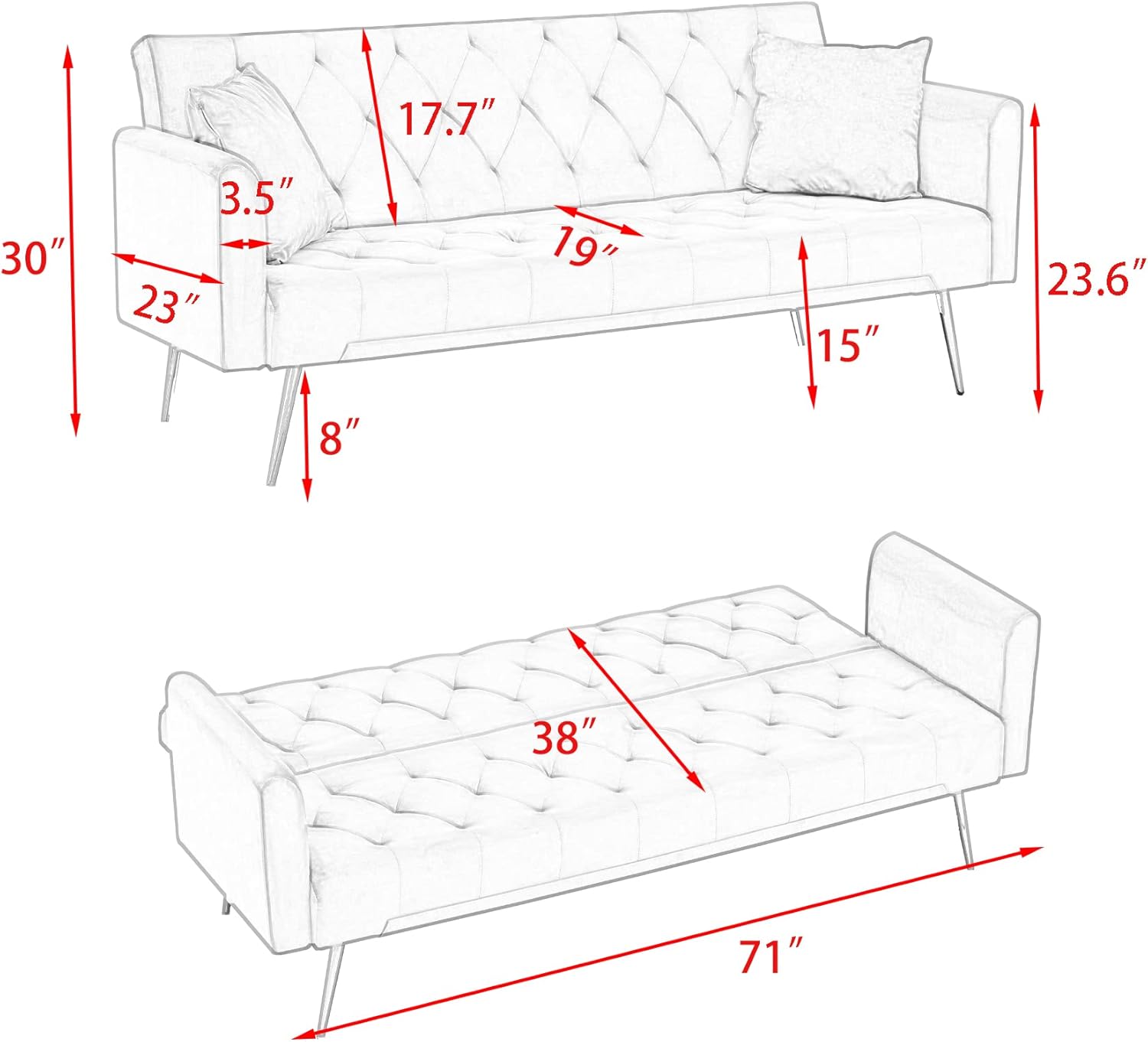 Anwick 72 Modern Velvet Sofa Bed Futon,Convertible Folding Sleeper Bed Couches with 3 Adjustable Backrests,Tufted Recliner Loveseat with Golden Chrome Legs for Small Living Room Office (Black)