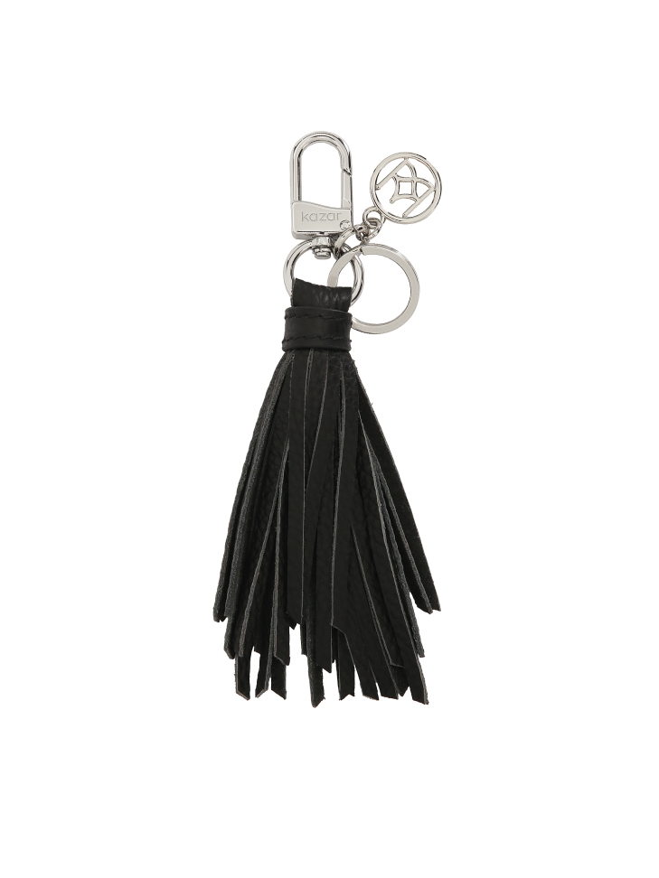 Elegant black leather keychain with a clutch and silver accents