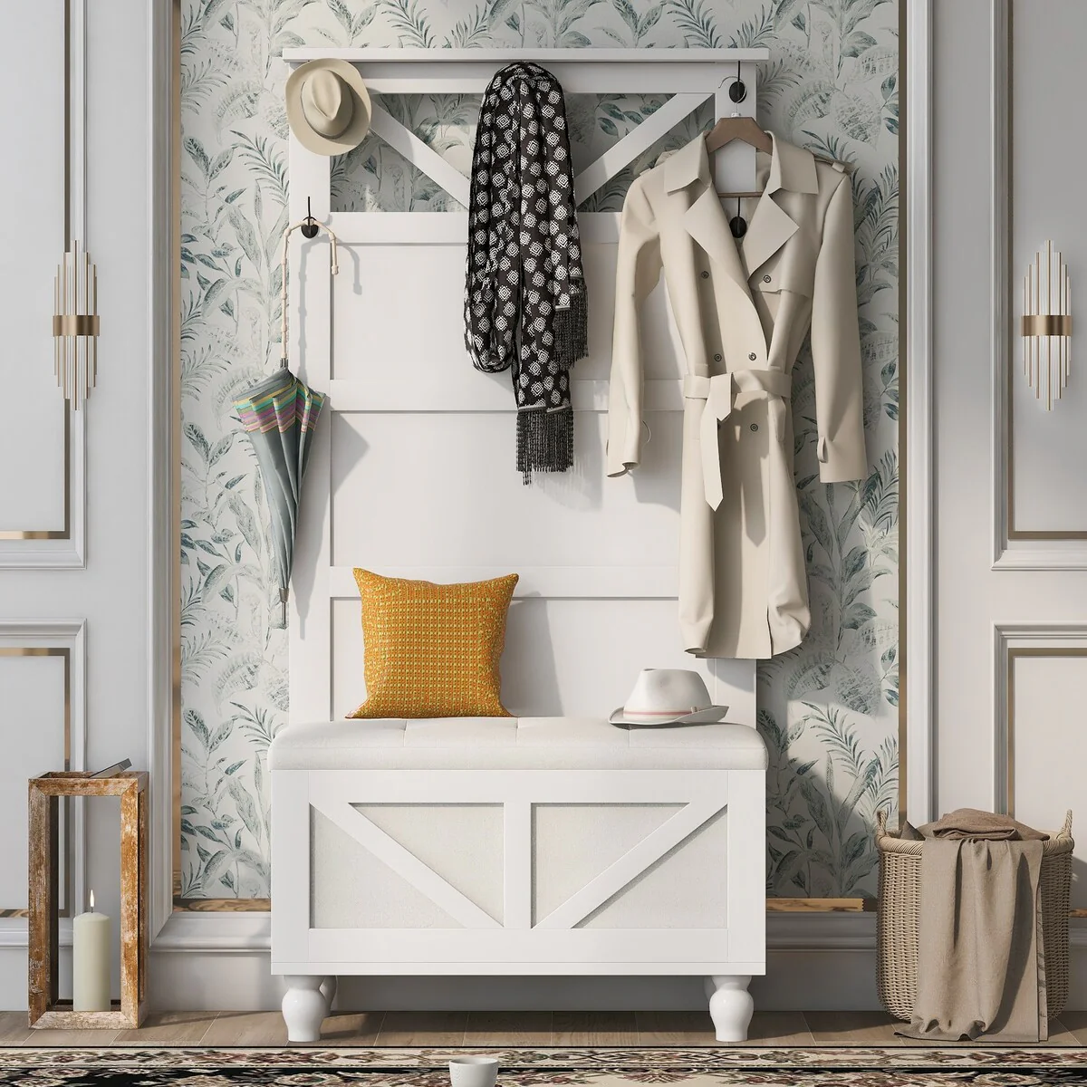 Hall Tree with 5 Hooks , Coat Hanger, Entryway Bench, 3-in-1 Design Storage Bench for Entrance, Hallway